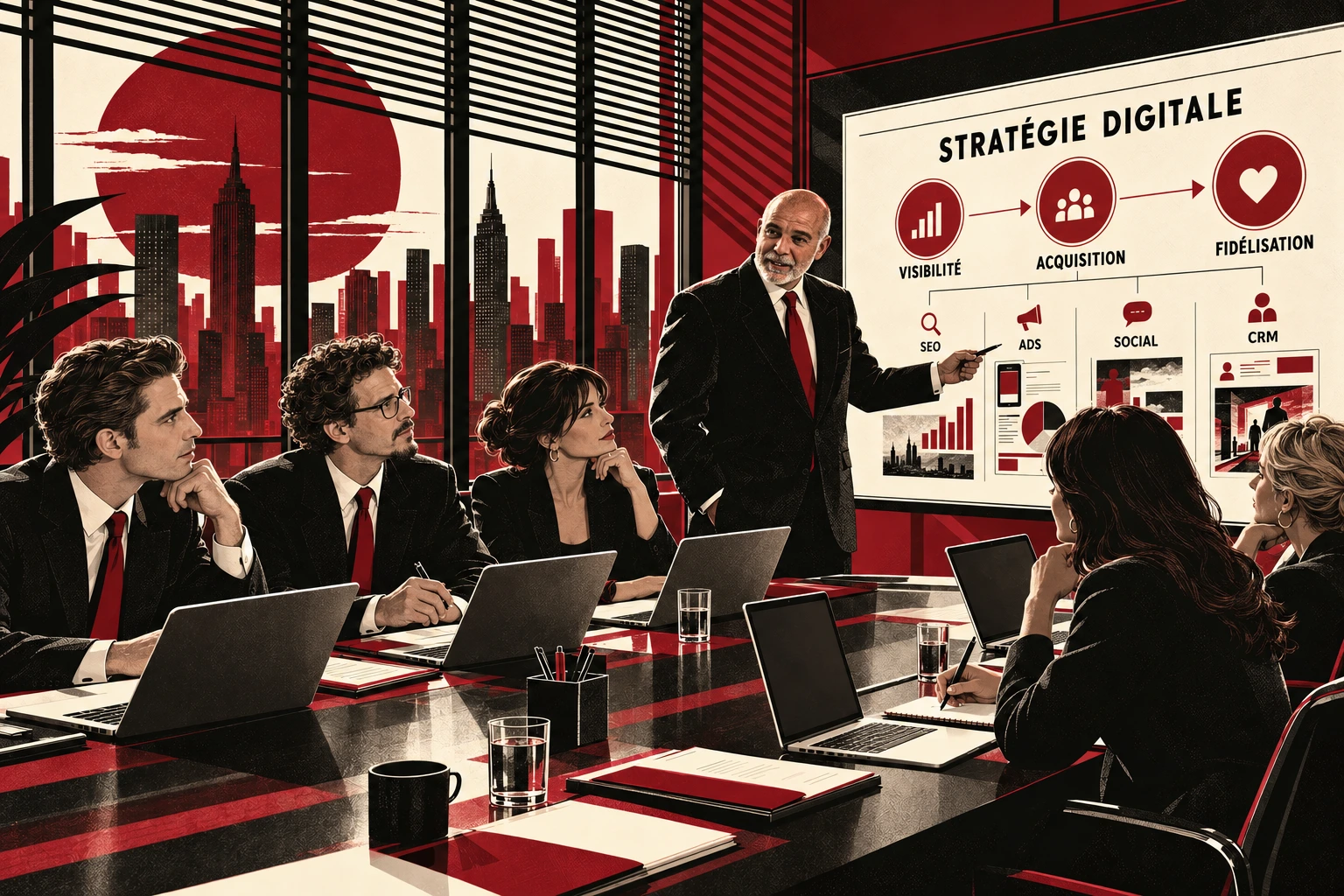 Philippe Thoniel présente un plan stratégique de marketing digital à Pierre-Yves, Mathieu et trois collaboratrices, réunis autour de la table avec leurs ordinateurs.